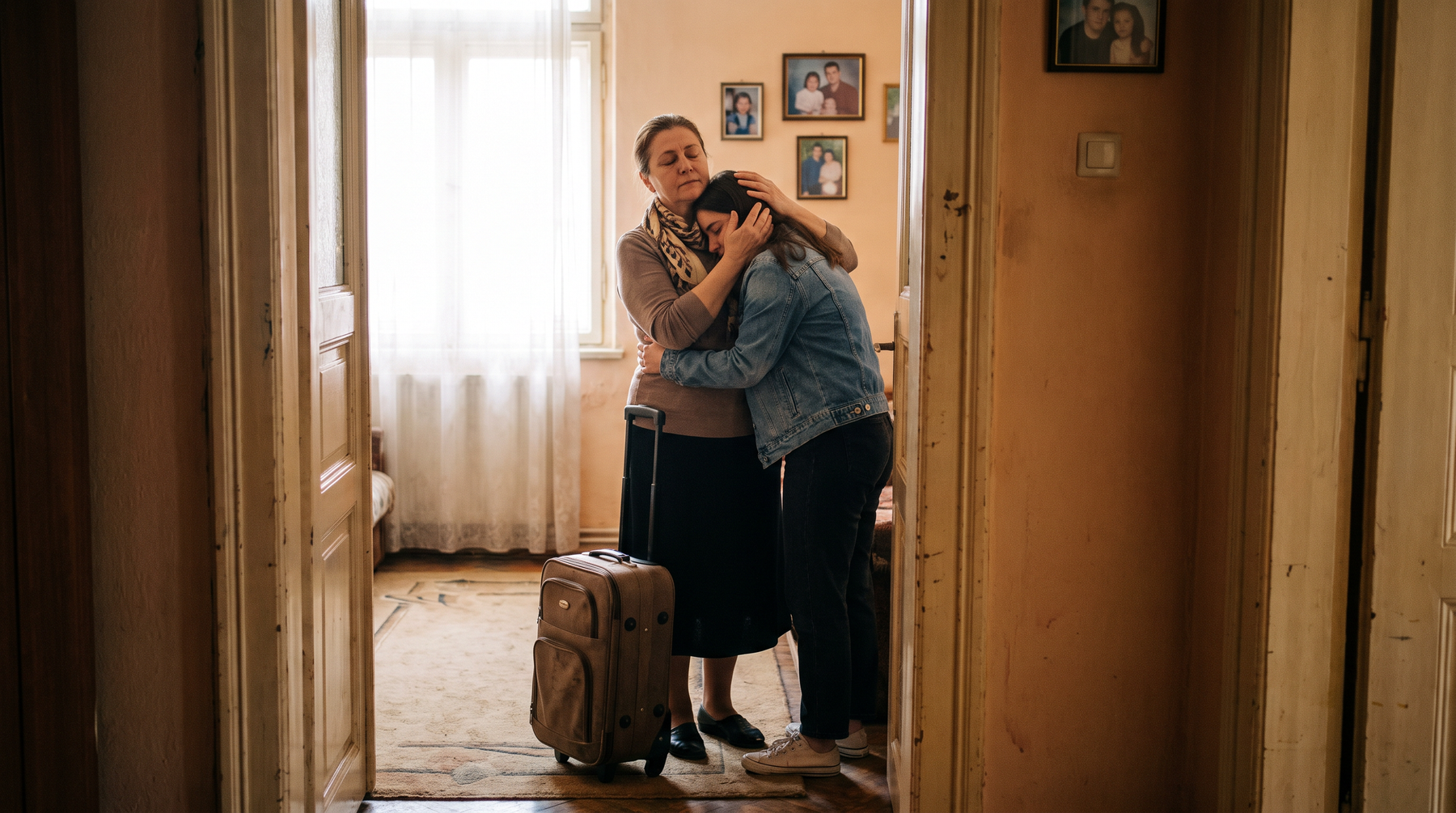 O mamă își îmbrățișează fiica adultă înainte ca aceasta să plece de acasă