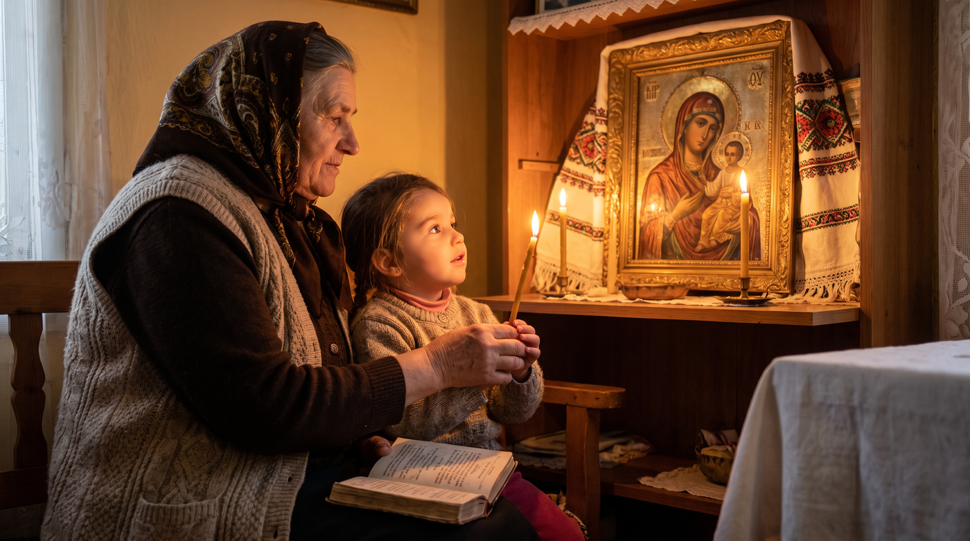 O bunică își ajută nepoțica să țină o lumânare aprinsă în fața icoanei